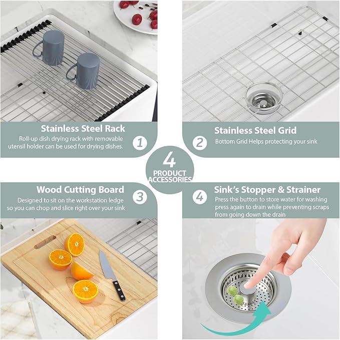 White Farmhouse Sink Fireclay Workstation Apron Front Farmer Kitchen Sink Reversible 30"x20" Undermount Single Bowl Kitchen Sink with Accessories