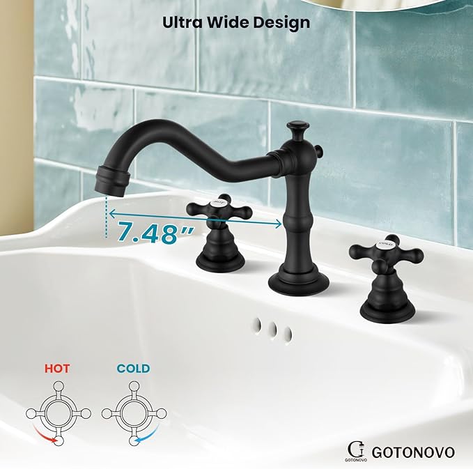 gotonovo Bathroom Faucet 3 Hole 8 Inch Widespread Bathroom Sink Faucet 2 Cross Handles Vintage Lavatory Vanity Mixer Tap with Pop Up Drain, HOT Cold Label, Matte Black
