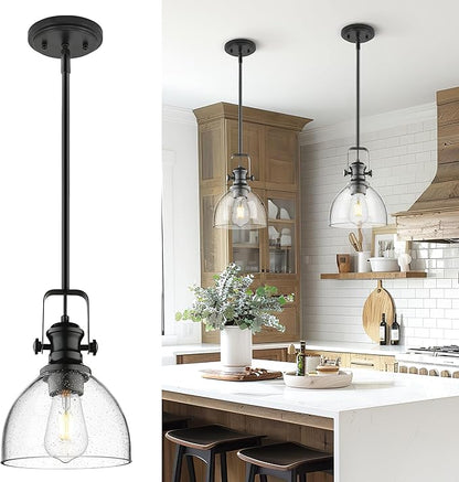 Black Pendant Lights Kitchen Island, 7.5" Farmhouse Pendant Lighting with Clear Seeded Glass Shade, Vintage Hanging Light Fixtures for Dining Room, AD-22151-1P-BK-G