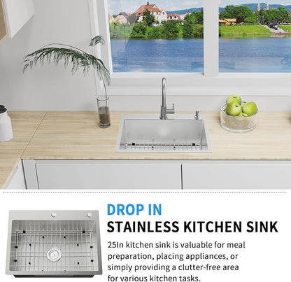 Kitchen Sink,25x18 Inch Stainless Steel Drop In Topmount Kitchen And Bar Sink Stylish and Modern Look Come With Bottom Grid,Drain Basket And Drain Assembly Add Elegance & Enhance Usability.