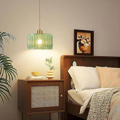 QIYIZM Plug in Pendant Light Hanging Lights with Plug in Cord Boho Hanging Lamp Glass Gold Mid Century Modern Vintage Dimmable Green Flower Plug in Chandelier Ceiling Fixture for Living Room,Kitchen