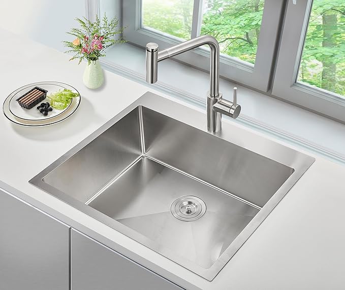 25-inch Stainless Steel Kitchen Sink Drop In, Single Bowl Single Faucet Hole Handmade Topmount Kitchen Sink, 25" x 22" x 8.5"