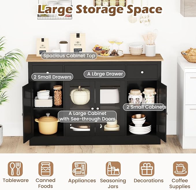 Giantex 55" Sideboard Buffet Cabinet with Storage, Modern Farmhouse Kitchen Storage Cabinet w/3 Drawers, Adjustable Shelves, 2 Barn Doors & 2 Glass Doors, Black Sideboard for Living Room, Coffee Bar