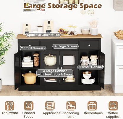 Giantex 55" Sideboard Buffet Cabinet with Storage, Modern Farmhouse Kitchen Storage Cabinet w/3 Drawers, Adjustable Shelves, 2 Barn Doors & 2 Glass Doors, Black Sideboard for Living Room, Coffee Bar