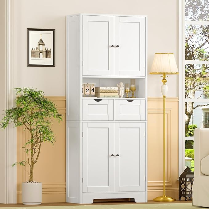 TEENFON Kitchen Pantry Cabinet with Adjustable Shelf, Tall Storage Cabinet with 2 Drawers & 4 Door Shelves, Food Pantry Cabinets, for Kitchen, Dining Room, Living Room, White