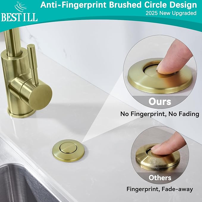 BESTILL Garbage Disposal Air Switch Kit - Professional, UL Listed Brushed Gold 3.6" Long Sink Top On/Off Push Button for Waste Disposer, Brass Made Cover, Compatible with all Garbage Disposals
