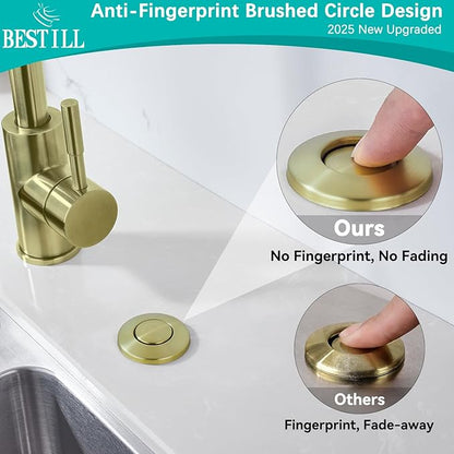 BESTILL Garbage Disposal Air Switch Kit - Professional, UL Listed Brushed Gold 3.6" Long Sink Top On/Off Push Button for Waste Disposer, Brass Made Cover, Compatible with all Garbage Disposals