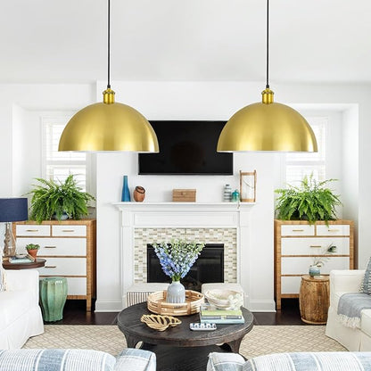 Gold Pendant Light, 12" Farmhouse Ceiling Light with Gold and White, Elegant Semi-Circular Shade Design, Adjustable Height Industrial Dome Pendant Lights for Kitchen Island, Dining Room