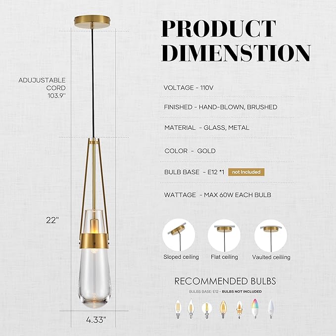 Raindrop Pendant Light Fixtures Set of 2, Brass Glass Pendant Lighting, Teardrops Gold Hanging Light Clear Solid Glass Pendant Light Modern Chandeliers for Dining Room Porch Living Room