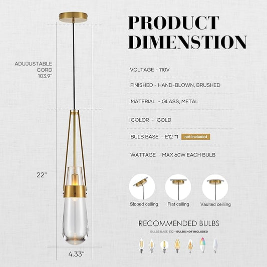 Raindrop Pendant Light Fixtures Set of 2, Brass Glass Pendant Lighting, Teardrops Gold Hanging Light Clear Solid Glass Pendant Light Modern Chandeliers for Dining Room Porch Living Room