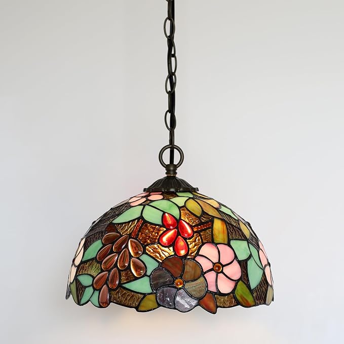 Tiffany Pendant Light Plug-in Stained Glass Hanging Lamp 12”x12”x181” Grape Swag Light Vintage Lighting for Dining Room Living Room Kitchen Hallway Bedroom