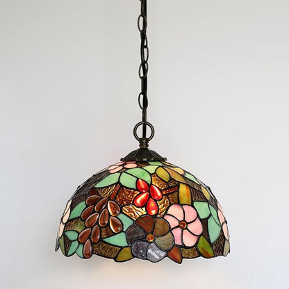 Tiffany Pendant Light Plug-in Stained Glass Hanging Lamp 12”x12”x181” Grape Swag Light Vintage Lighting for Dining Room Living Room Kitchen Hallway Bedroom