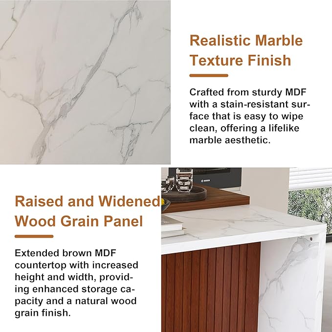 GOWE 63" Modern Kitchen Island Set with 4 Beige Bar Stools - White Marble Look Surface, LED Lighting & Grill Design for Dining Room, Open Concept Spaces, Lounge(4 Beige Bar Stools)