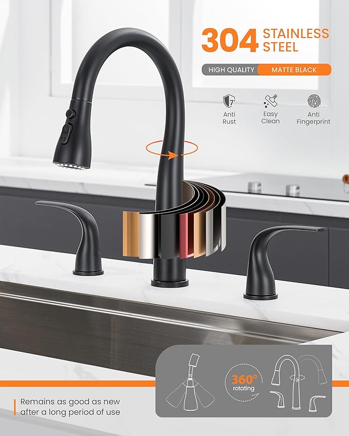 TIORIY Black Kitchen Faucet 3 Hole with Pull Down Sprayer, 2-Handle High Arc Kitchen Sink Faucet with 3 Function Spray, Stainless Steel, T-3005B