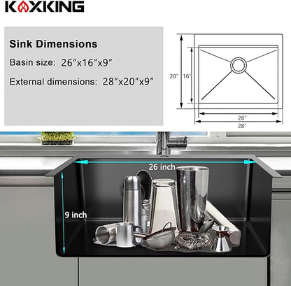 Black Kitchen Sink, 28x20 Drop-In Topmount Single Bowl, 18 Gauge T304 Stainless Steel, 9 Inch Deep, Grid & Basket Strainer