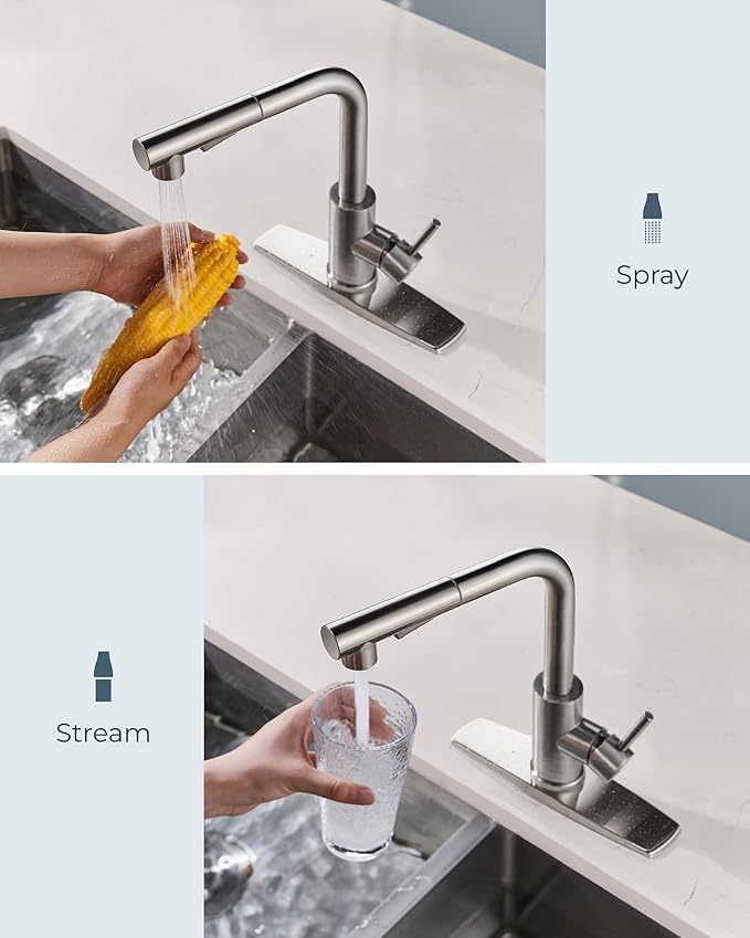 FORIOUS Kitchen Faucets with Pull Down Sprayer, Brushed Nickel Stainless Steel, Single Handle Classic Pull Out Sink Faucet for Farmhouse Bar Laundry RV, with Deck Plate for 1 or 3 Holes