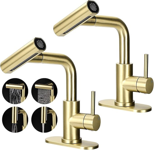 2 Pack Modern Brushed Gold Bathroom Sink Faucet with 4 Mode Pull Down Sprayer, Single Handle Deck Mount, Brass Material, 1 or 3 Hole, 15" H x 1" W x 15" D