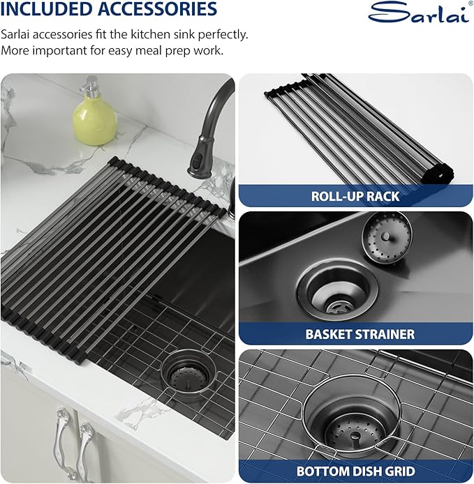 Sarlai Black Undermount Laundry Sink 24 Inch - 13 Inch Deep Undermount Laundry Utility Gunmetal Black Sink Single Bowl Kitchen Sinks 16 Gauge Stainless Steel Laundry Tub Sinks Basin 24"x19"x13"