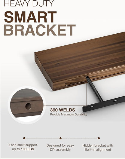 BATODA Set of 2 24" Acacia Floating Shelves for Wall – Rustic Farmhouse Wood Floating Shelf - Book Shelf for Wall & House Décor - DIY Floating Book Shelves - with Brackets & Hardware (Walnut Color)