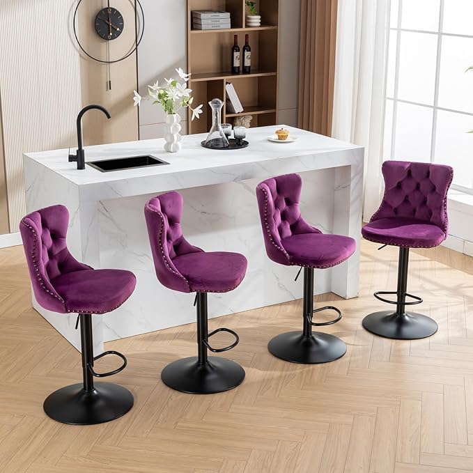 KEIKI Swivel Velvet Barstools，Upholstered Chairs Set of 2, Adjusatble Seat Height from 25-33 Inch for Home Pub, Kitchen Island, Dark Purple