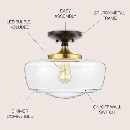 JONATHAN Y 14" Oil Rubbed Bronze/Brass Gold Modern Farmhouse LED Flush Mount Light Fixture, Clear Glass Shade, Rustic Industrial Schoolhouse Lamp for Kitchen Hallway Bedroom (JYL7517E)
