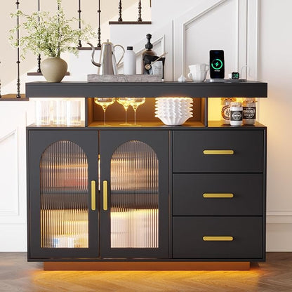 HNEBC LED Sideboard Buffet with Charging Station, Smart Bar Cabinet with Auto RGB Lighted, Coffee Bar with 3 Drawers/Adjustable Shelf for Living Room, Dining Room,Home Storage (Black)