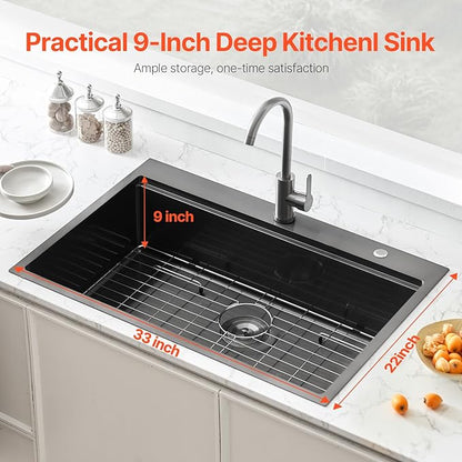 VEVOR Drop In Kitchen Sink 33 Inch Kitchen Sink Workstation, 304 Stainless Steel Top Mount Sinks, Drop-In Single Bowl with Ledge & Multiple Accessories Sink for RV, Prep Kitchen, Bar 33 x 22 x 9inch