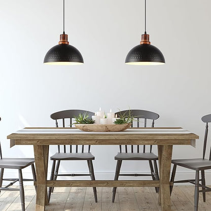 Black and Wood Pendant Lights 2 Pack, 11.8" Hammered Metal Dome Pendant Light Fixture Modern Black Pendant Lighting Hanging Ceiling Light for Kitchen Island Dining Living Room Restaurant