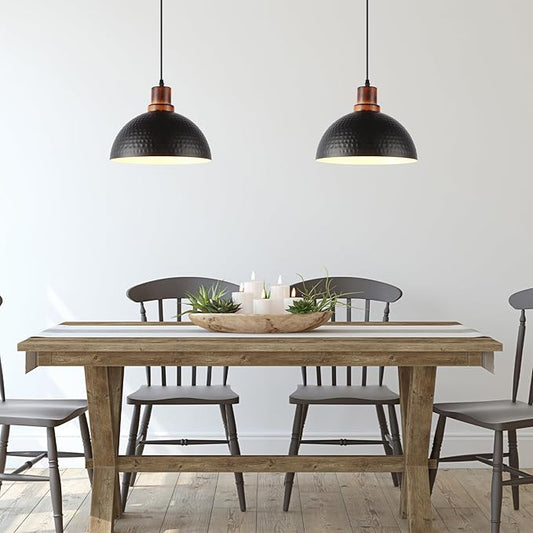 Black and Wood Pendant Lights 2 Pack, 11.8" Hammered Metal Dome Pendant Light Fixture Modern Black Pendant Lighting Hanging Ceiling Light for Kitchen Island Dining Living Room Restaurant