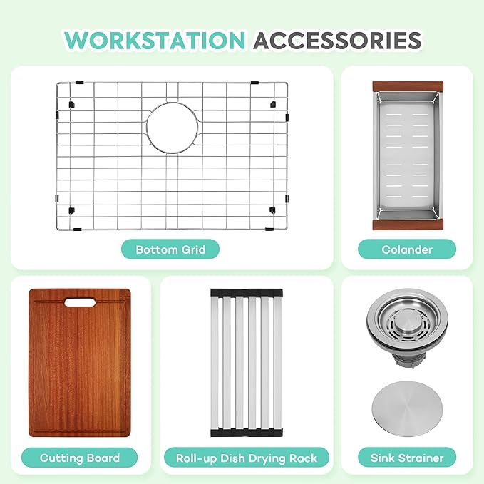 Rhbamoa 26 Inch Stainless Steel Farmhouse Sink,16-Gauge T304 Stainless Steel Drop in Kitchen Sinks,Small Single Bowl Apron Front Farm Sink,10 Inch Depth Topmount Workstation Sinks with All Accessories