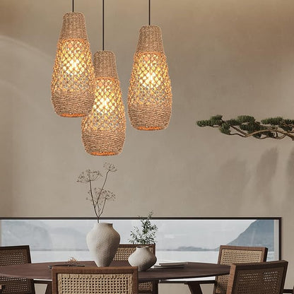 Arturesthome 1 Light Boho Rattan Pendant Light Fixtures, Mini Farmhouse Natural Chandelier Pendant Light, Retro Wicker Hanging Lamp for Kitchen Island