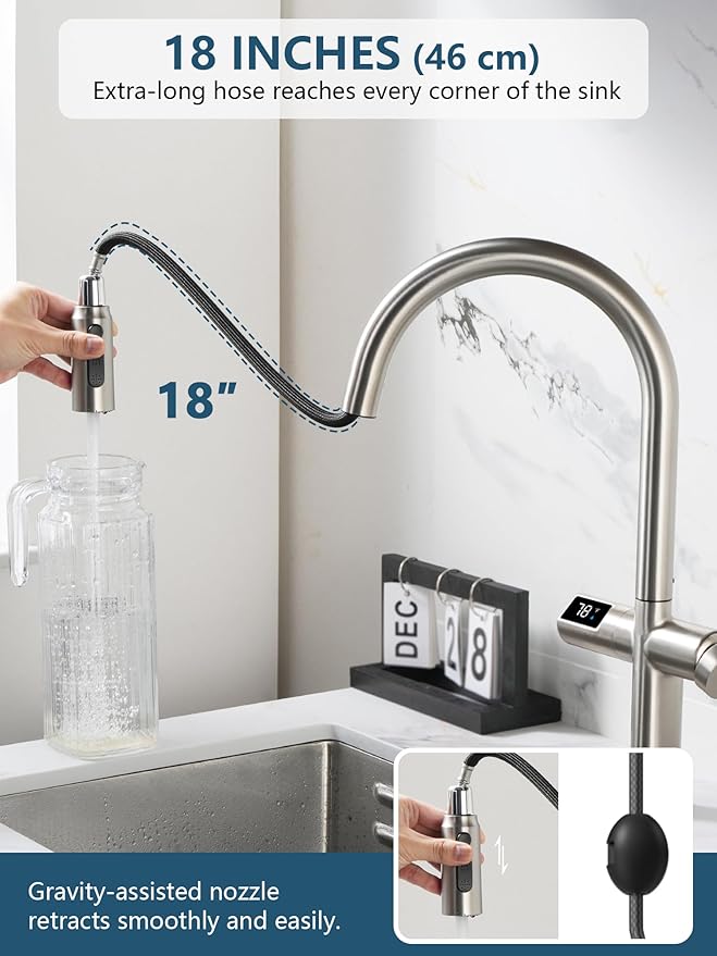 Lefton Touchless Pull-Out Kitchen Faucet, Hands Free Motion Sensor Activated, Battery-Free Temperature Display, KF2206 (Contemporary, Brushed Nickel)