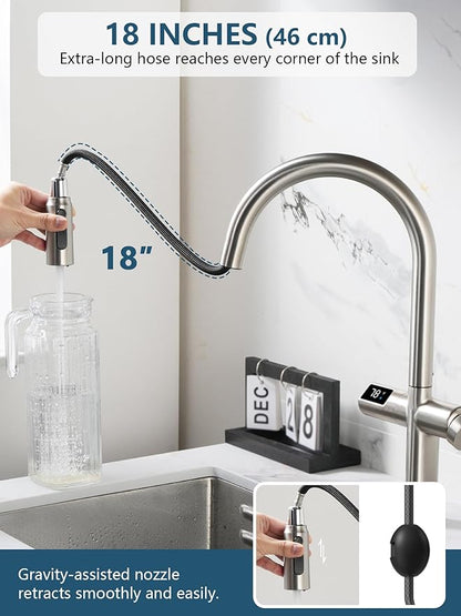 Lefton Touchless Pull-Out Kitchen Faucet, Hands Free Motion Sensor Activated, Battery-Free Temperature Display, KF2206 (Contemporary, Brushed Nickel)