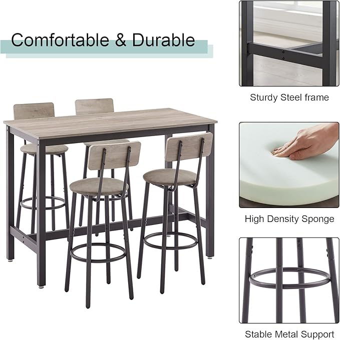 GNIXUU Bar Table and Chairs Set for 4, 5 Pieces Industrial Counter Height Pub Table and 4 PU Soft Stools with Backrest, High Kitchen Breakfast Table Set for Restaurant, Dining Room(Grey)