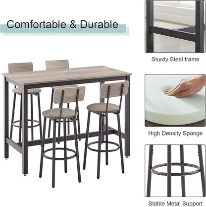 GNIXUU Bar Table and Chairs Set for 4, 5 Pieces Industrial Counter Height Pub Table and 4 PU Soft Stools with Backrest, High Kitchen Breakfast Table Set for Restaurant, Dining Room(Grey)