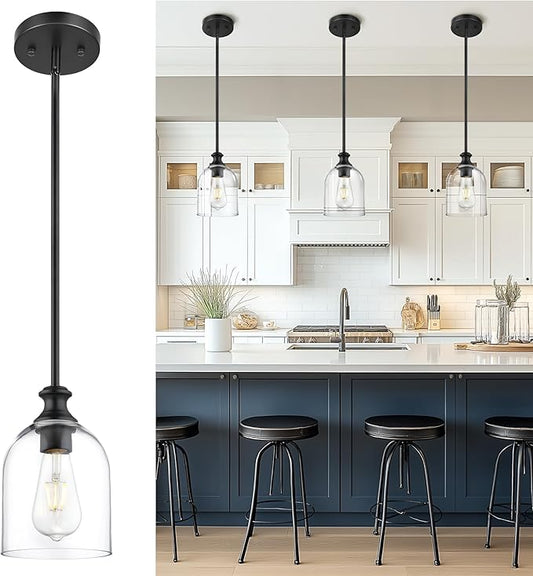 AUTELO Black Pendant Lights Kitchen Island, 1-Light Pendant Lights in Black Finish with Clear Cylinder Glass, Modern Pendant Light Fixtures, Hanging Lamp for Kitchen Island H2511 CLBK