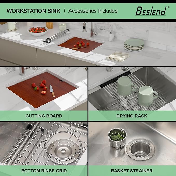 21 Undermount Kitchen Sink - Beslend 21x19 Inch Under Counter Sink Ledge Workstation Kitchen Sinks Stainless Steel 16 Gauge 10 Inch Deep Single Bowl Basin with Accessories
