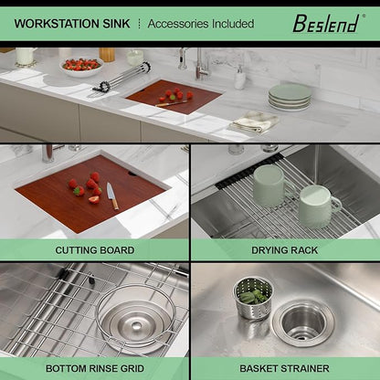 21 Undermount Kitchen Sink - Beslend 21x19 Inch Under Counter Sink Ledge Workstation Kitchen Sinks Stainless Steel 16 Gauge 10 Inch Deep Single Bowl Basin with Accessories