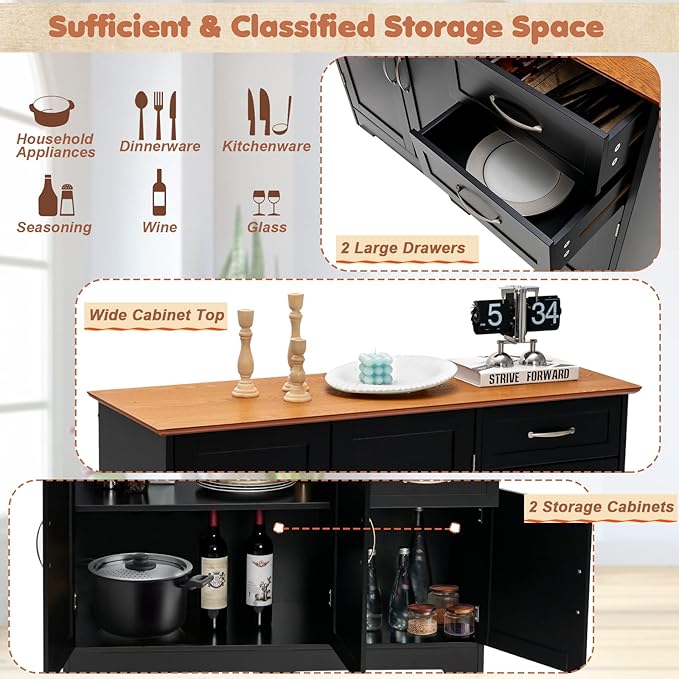 LOKO Buffet Cabinet With Storage, Modern Bar With 3 Doors, 2 Drawers & Adjustable Shelf, Kitchen Sideboard Console Table for Living Room, 43.5 x 16 x 31 Inches (Black)