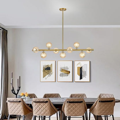 Mid Century Modern Glass Globe Sputnik Chandelier, 9-Light Linear Chandeliers for Dining Room, Kitchen Island, Living, Dining Light Fixture Over Table, Brass Gold and Amber Bubble, 40 Inch