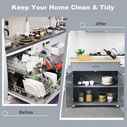 PETSITE Kitchen Island Cart with Storage Cabinet on Wheels, Spice Rack Towel Rack & Drawer (Grey)