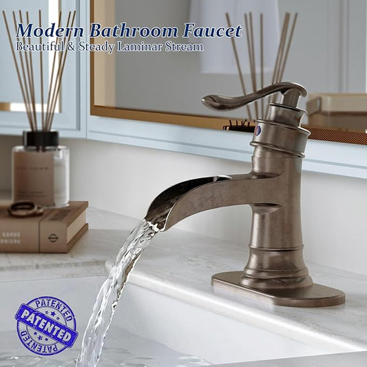 BWE Copper Bathroom Faucet Antique Brass Sink Vanity Basin Single Handle with Pop up Drain Assembly Waterfall Rose Mixer Tap One Hole Lever with Overflow Deck Mount Commercial