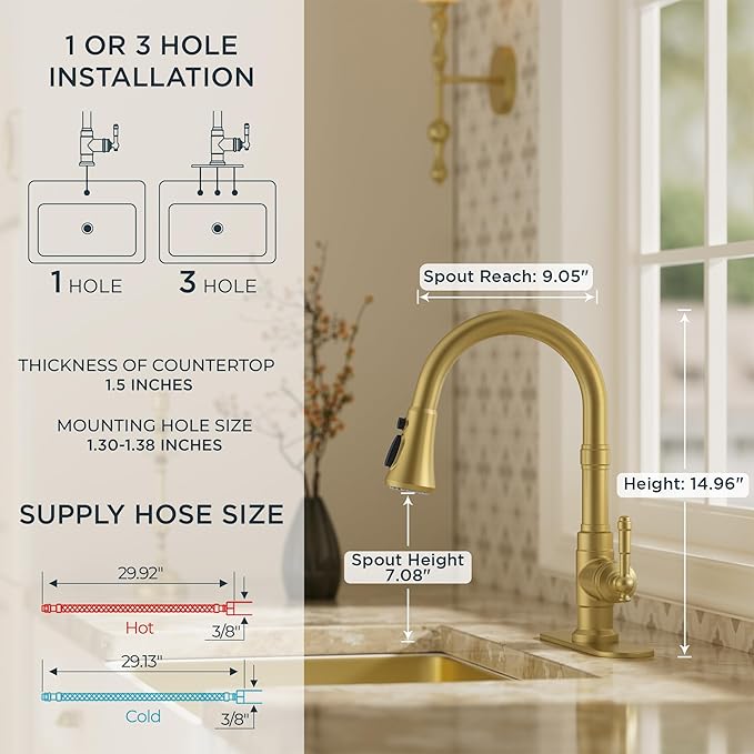 FORIOUS Vintage Kitchen Faucets with Pull Down Sprayer, Gold High Arc Single Handle Stainless Steel Antique Pull Out Sink Faucet for Farmhouse Camper Rv Bar, Fit for 1 or 3 Hole