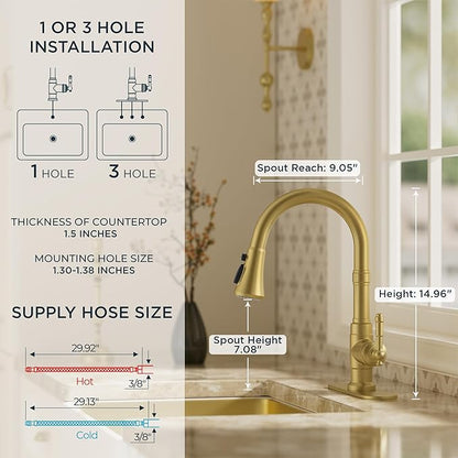 FORIOUS Vintage Kitchen Faucets with Pull Down Sprayer, Gold High Arc Single Handle Stainless Steel Antique Pull Out Sink Faucet for Farmhouse Camper Rv Bar, Fit for 1 or 3 Hole
