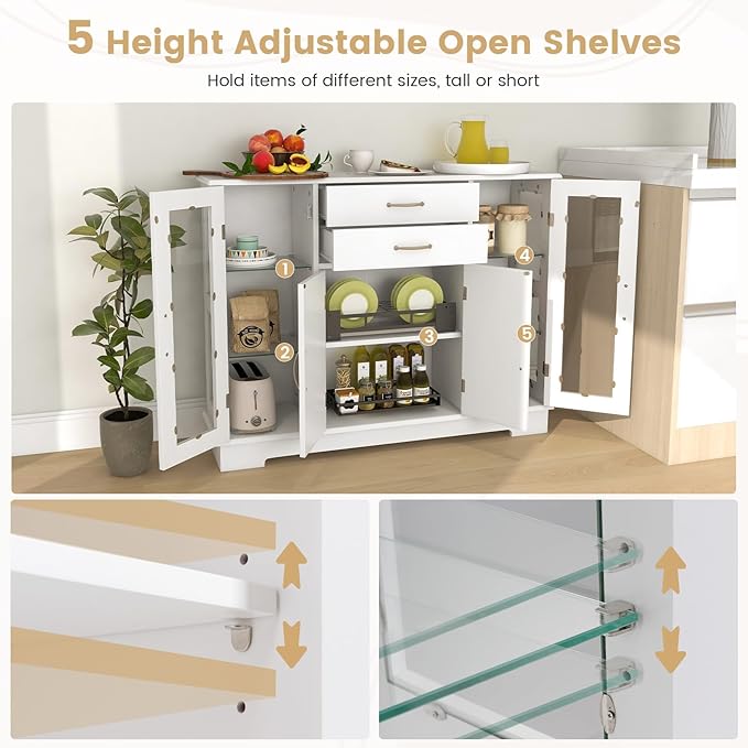 LOKO Modern Buffet Cabinet with Storage, Sideboard Credenza Cabinet with Two Drawers and Three Cabinets, Kitchen Buffet Storage Cabinet with Framed Tempered Glass Doors, 42 x 12 x 32 Inches (White)