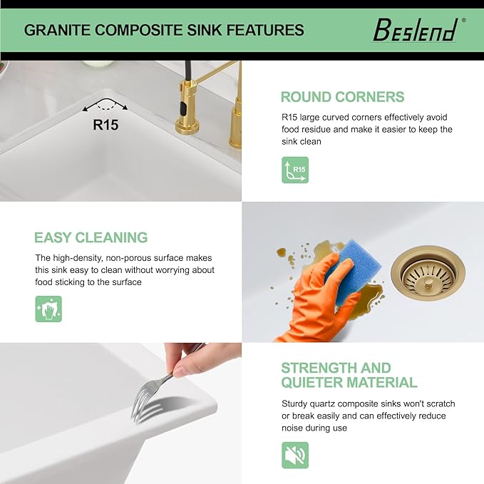 33 Granite Composite Kitchen Sink - Beslend 33x19 Inch Granite Kitchen Sink Undermount White Quartz Sink Classic Under Counter Single Bowl Sink Basin