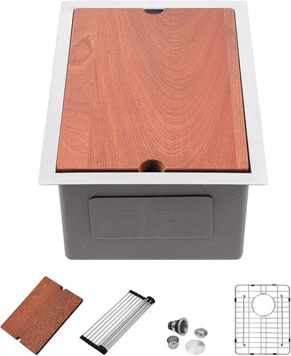 14 Undermount Bar Sink Workstation - Dcolora 14 Inch Stainless Steel Bar Prep Sink with Ledge Round Corner X Grooves Wood Cutting Board 16 Gauge Single Bowl RV Camper Kitchen Sink Basin