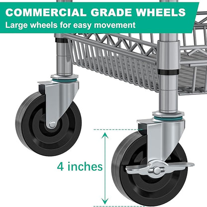 Folews Heavy Duty Rolling Cart with Wheels for Kitchen & Garage, 990LBS 3-Tier Metal Utility Cart, Adjustable Shelves & Basket, Lockable Casters, Commercial Storage Trolley, Gray