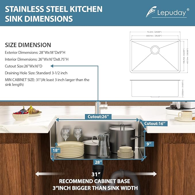 28 Inch Undermount Kitchen Sink Single Bowl 18 Guage Stainless Steel 28"x18"x9" Deep Under Counter Kitchen Sinks Basin R10 Round Corners Handmade Sink