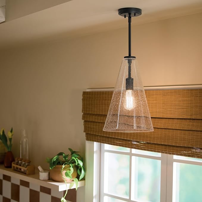 Everly 13.75" 1-Light Bell Pendant with Clear Glass in Black, for a Kitchen Island, Dining Nook, or Home Bar, (13.75" x 7") 42456BK